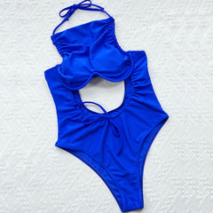 Nautical Drawstring Tie Cutout Underwire Halter Brazilian One Piece Swimsuit