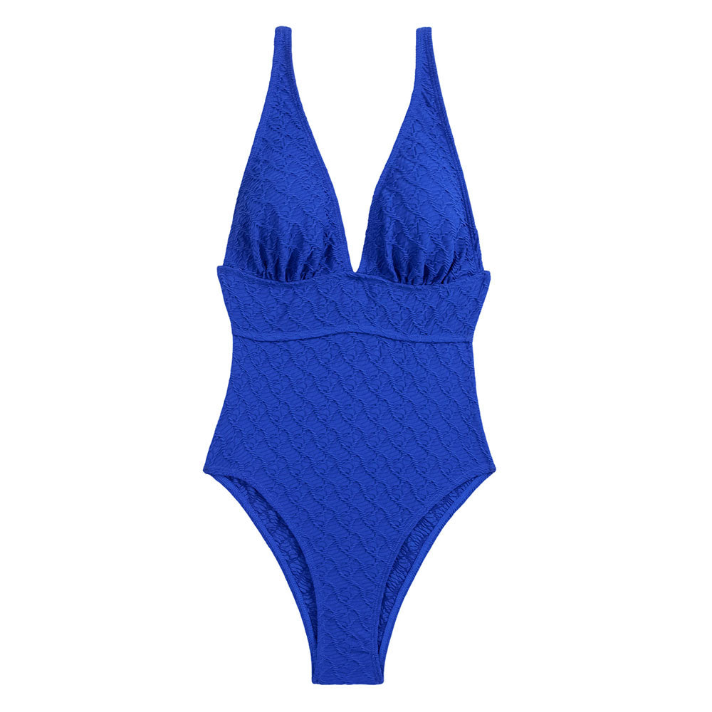 Nautical Style Solid Deep V Neck Textured Cheeky Brazilian One Piece Swimsuit
