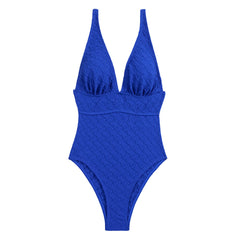 Nautical Style Solid Deep V Neck Textured Cheeky Brazilian One Piece Swimsuit