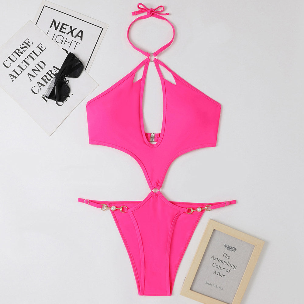 Neon Cutout Faux Pearl String Halter Monokini Brazilian One Piece Swimsuit
