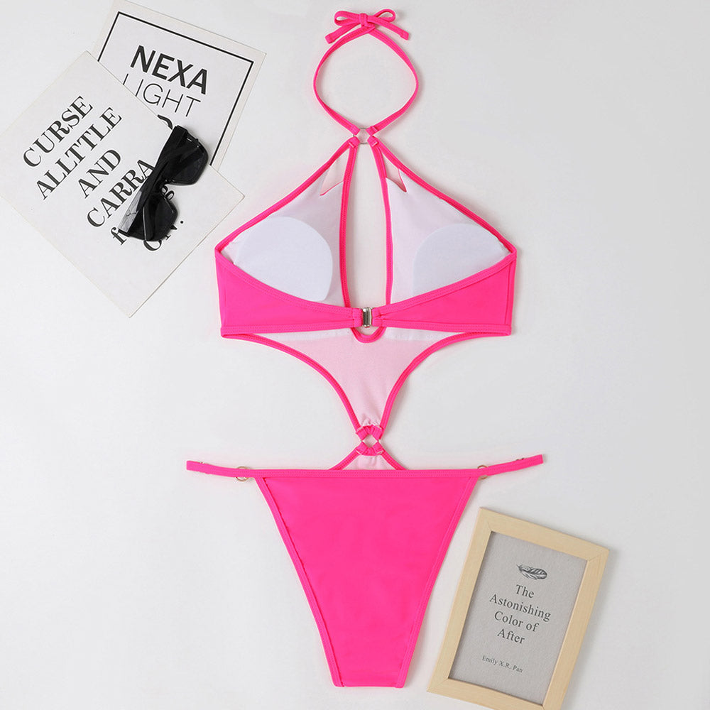 Neon Cutout Faux Pearl String Halter Monokini Brazilian One Piece Swimsuit