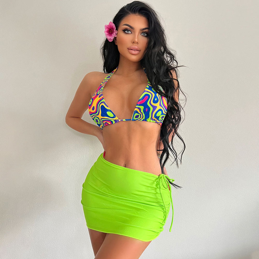 Neon Green Skirt Swirl Print High Cut Triangle Brazilian Three Piece Bikini