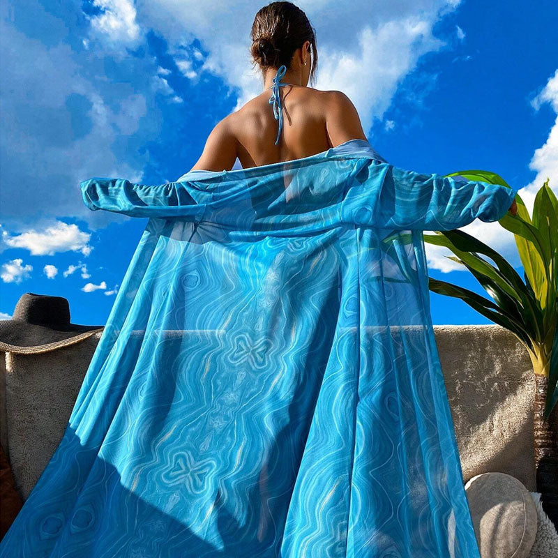 Ocean Blue Wave Print Cover Up Tie String Triangle Brazilian Three Piece Bikini