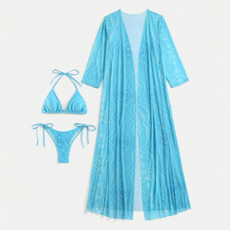 Ocean Blue Wave Print Cover Up Tie String Triangle Brazilian Three Piece Bikini