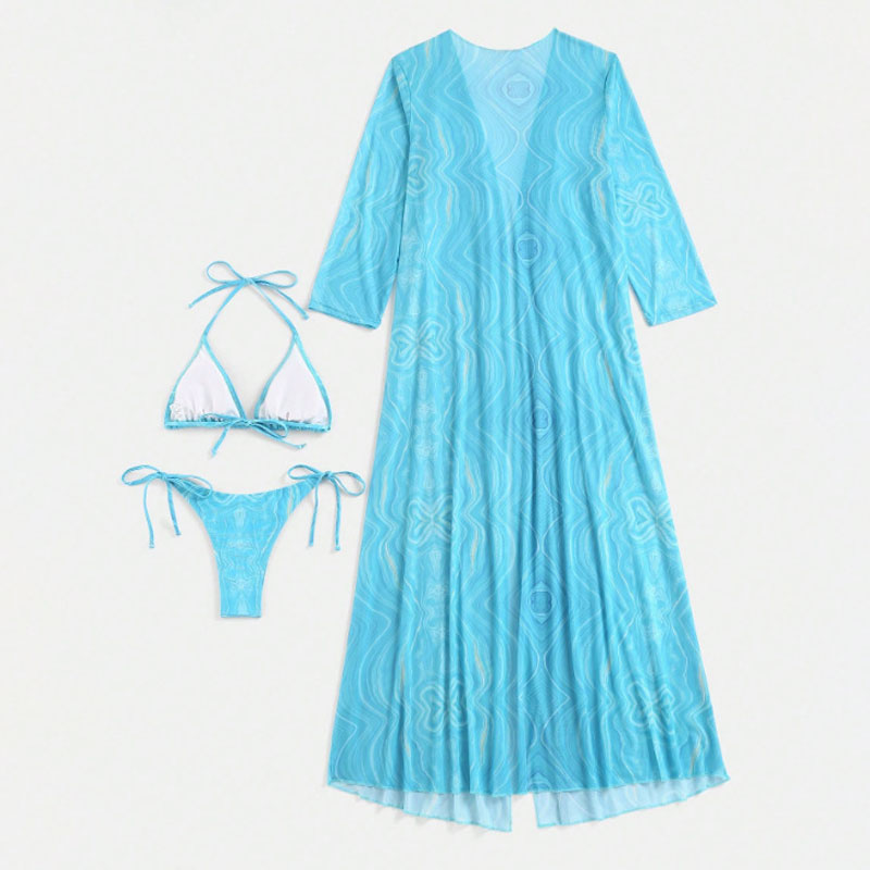 Ocean Blue Wave Print Cover Up Tie String Triangle Brazilian Three Piece Bikini