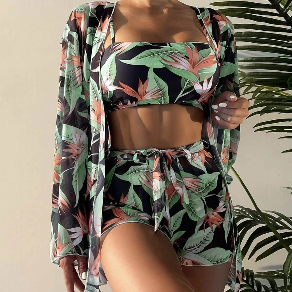 Palm Print High Waist Boy Short Brazilian Four Piece Bikini