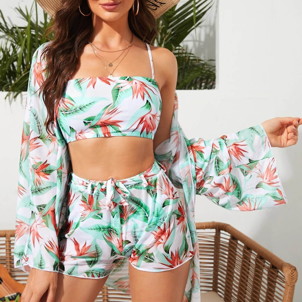 Palm Print High Waist Boy Short Brazilian Four Piece Bikini