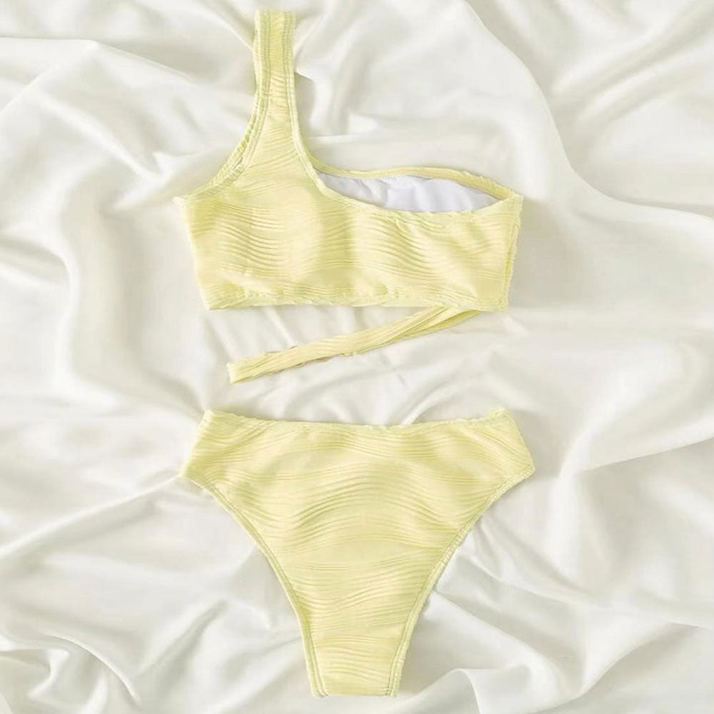 Pretty Textured O Ring One Shoulder Brazilian Two Piece Bikini