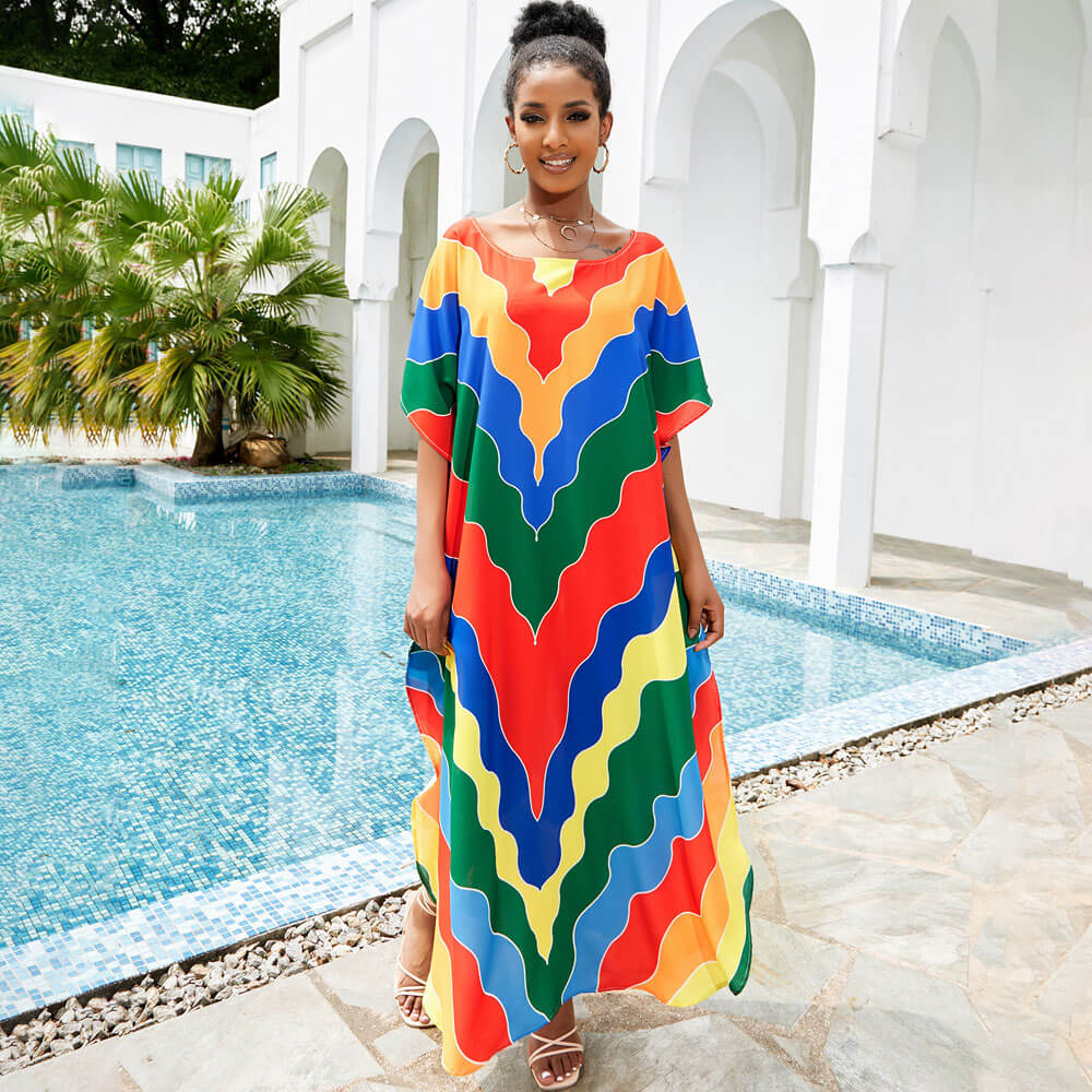 Rainbow Chevron Striped Short Sleeve Brazilian Caftan Cover Up Maxi Dress