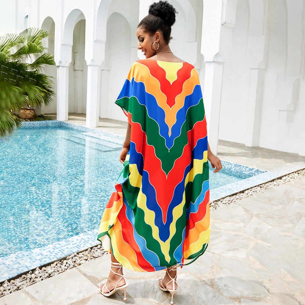 Rainbow Chevron Striped Short Sleeve Brazilian Caftan Cover Up Maxi Dress