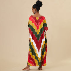 Rainbow Chevron Striped Short Sleeve Brazilian Caftan Cover Up Maxi Dress