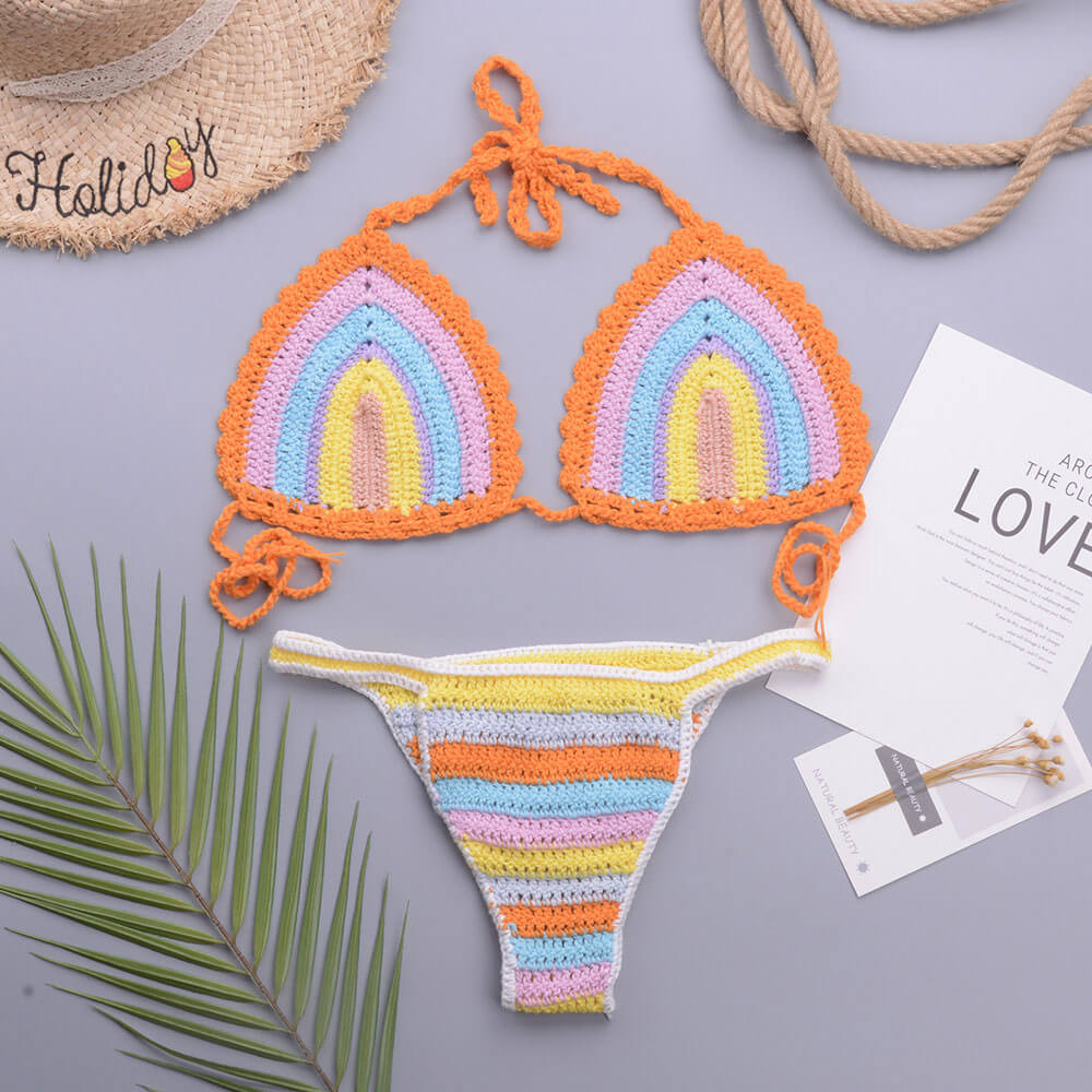 Rainbow Style Crochet Halter Slide Triangle Brazilian Two Piece Bikini
