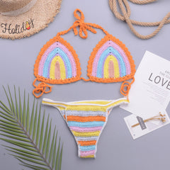 Rainbow Style Crochet Halter Slide Triangle Brazilian Two Piece Bikini