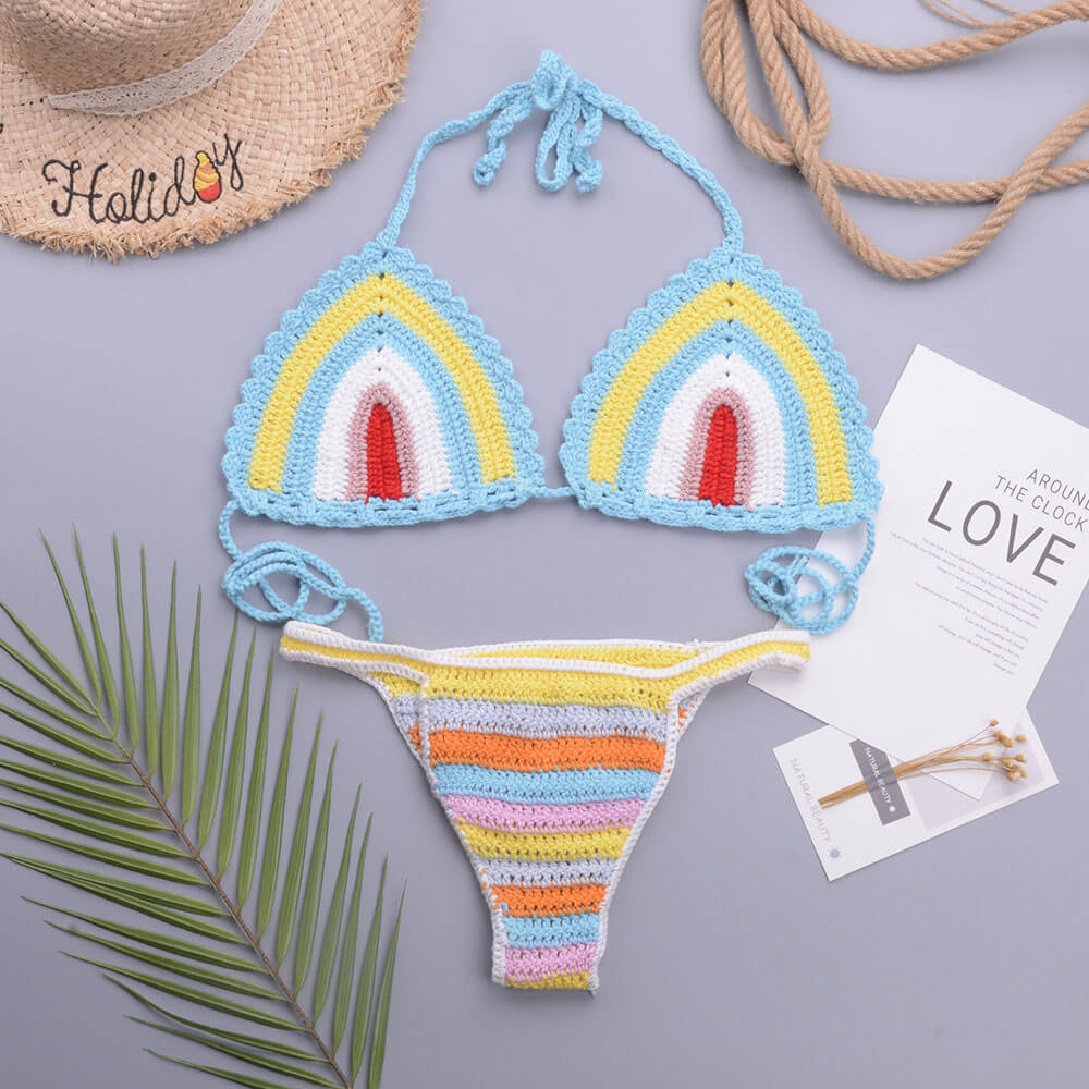 Rainbow Style Crochet Halter Slide Triangle Brazilian Two Piece Bikini