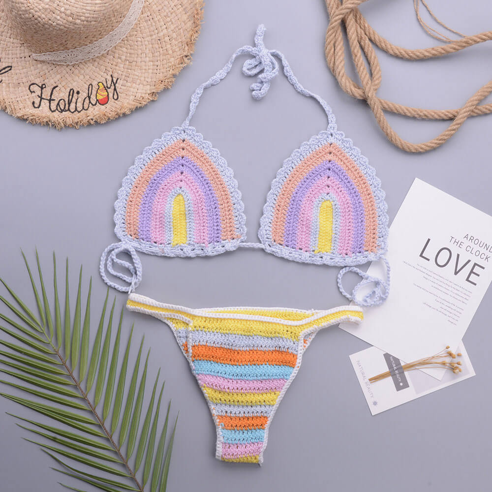 Rainbow Style Crochet Halter Slide Triangle Brazilian Two Piece Bikini
