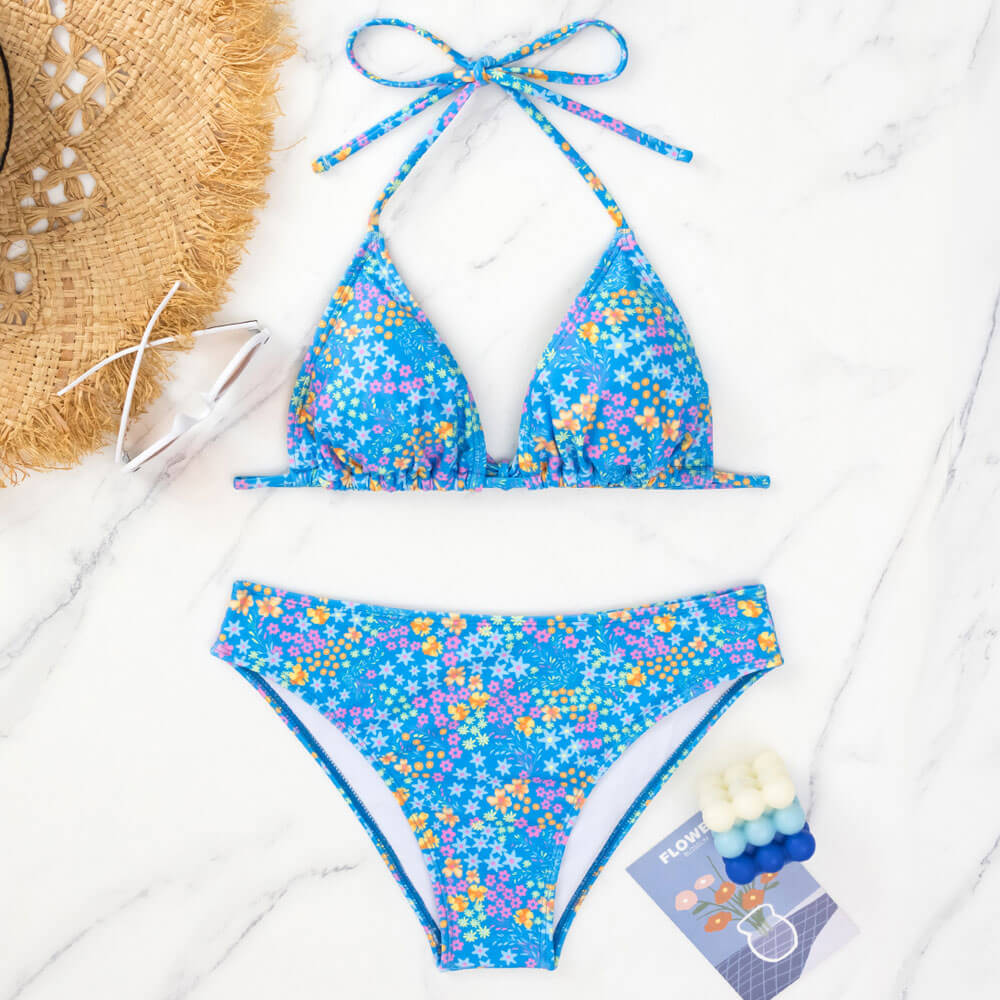 Refresh Floral Print Mid Rise Moderate Slide Triangle Brazilian Two Piece Bikini
