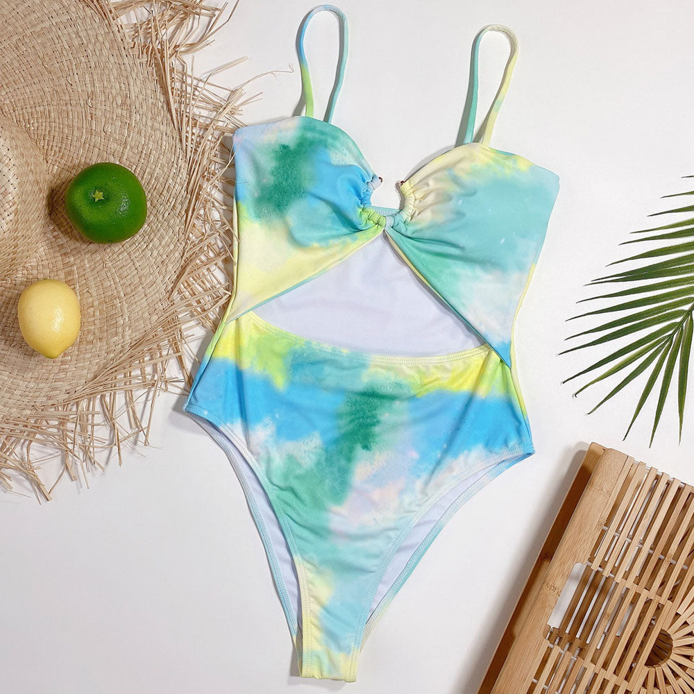 Refresh Tie Dye Ruched O Ring Cutout Brazilian One Piece Swimsuit