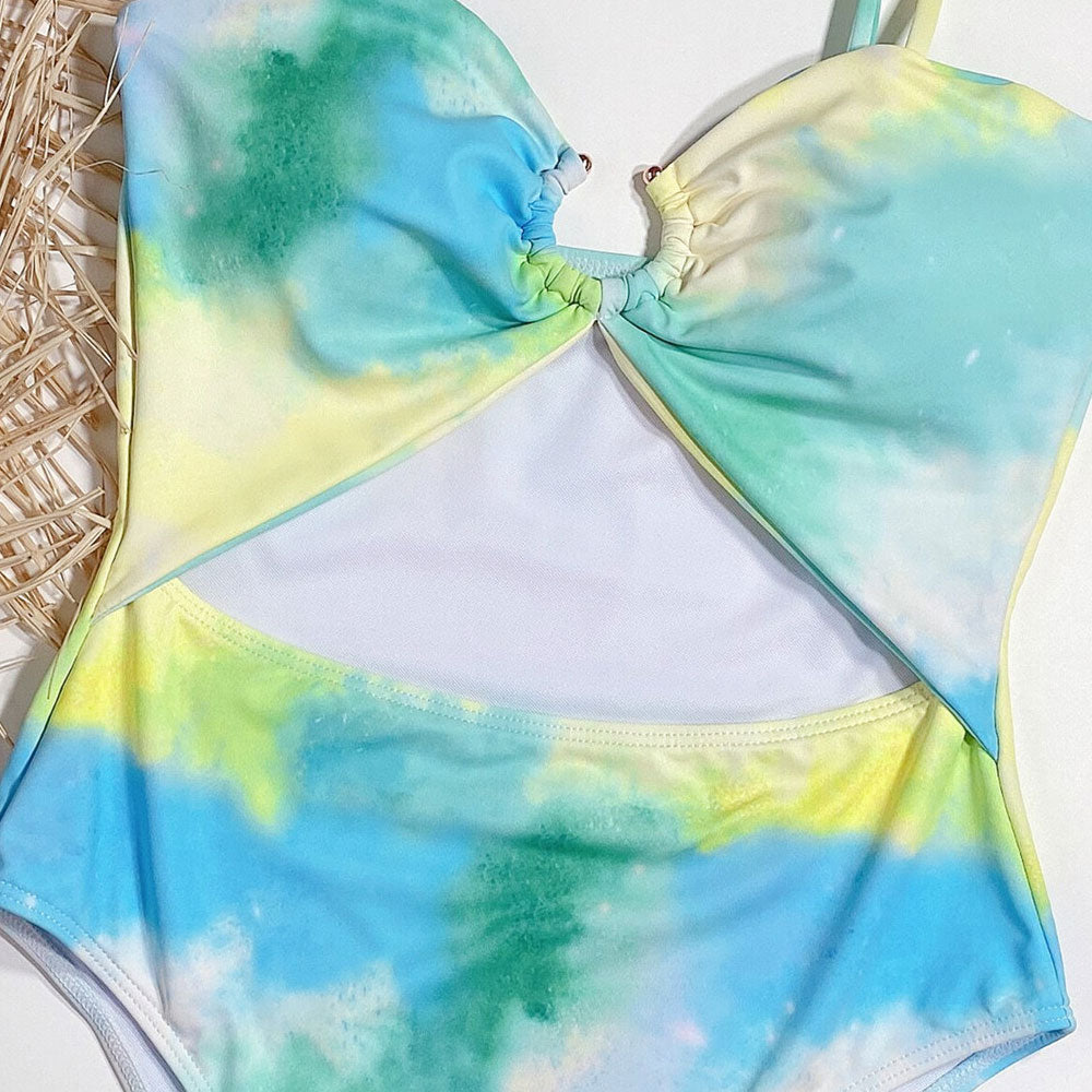 Refresh Tie Dye Ruched O Ring Cutout Brazilian One Piece Swimsuit