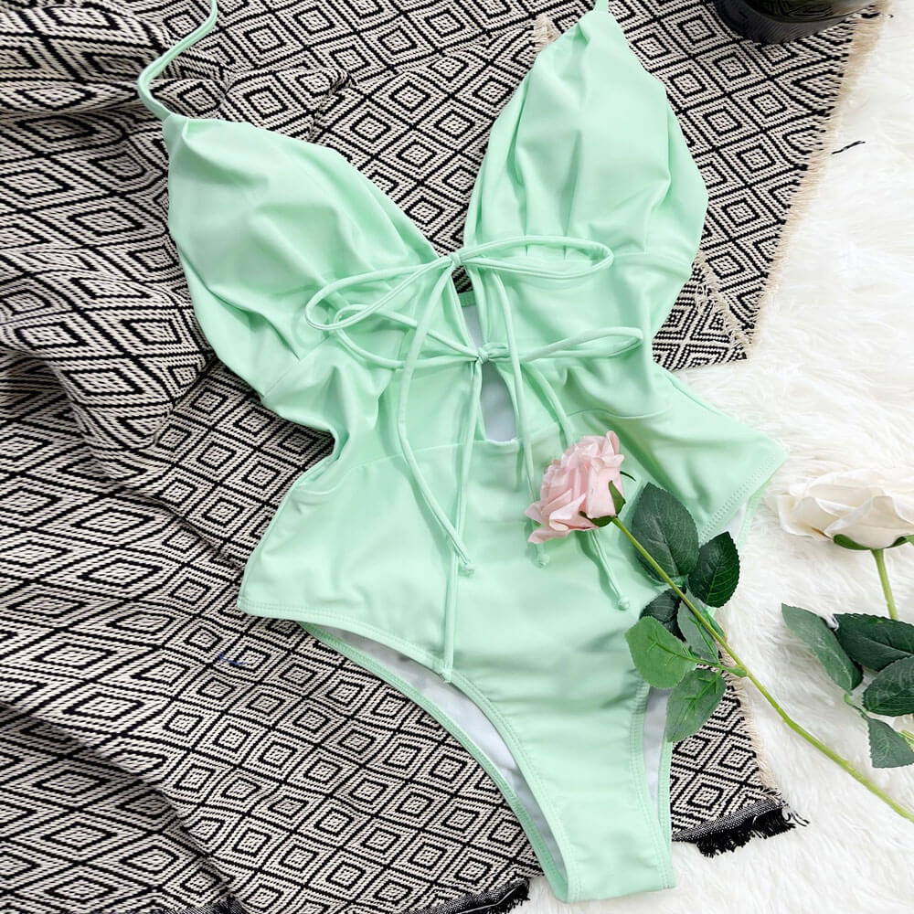 Refreshing High Cut Cutout Tie String Halter Brazilian One Piece Swimsuit