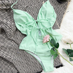 Refreshing High Cut Cutout Tie String Halter Brazilian One Piece Swimsuit