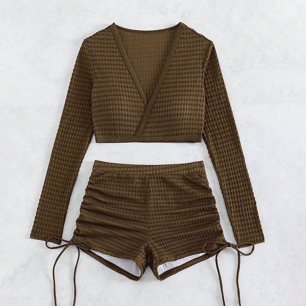 Retro High Rise Boyshort Long Sleeve Crop Textured Brazilian Two Piece Bikini