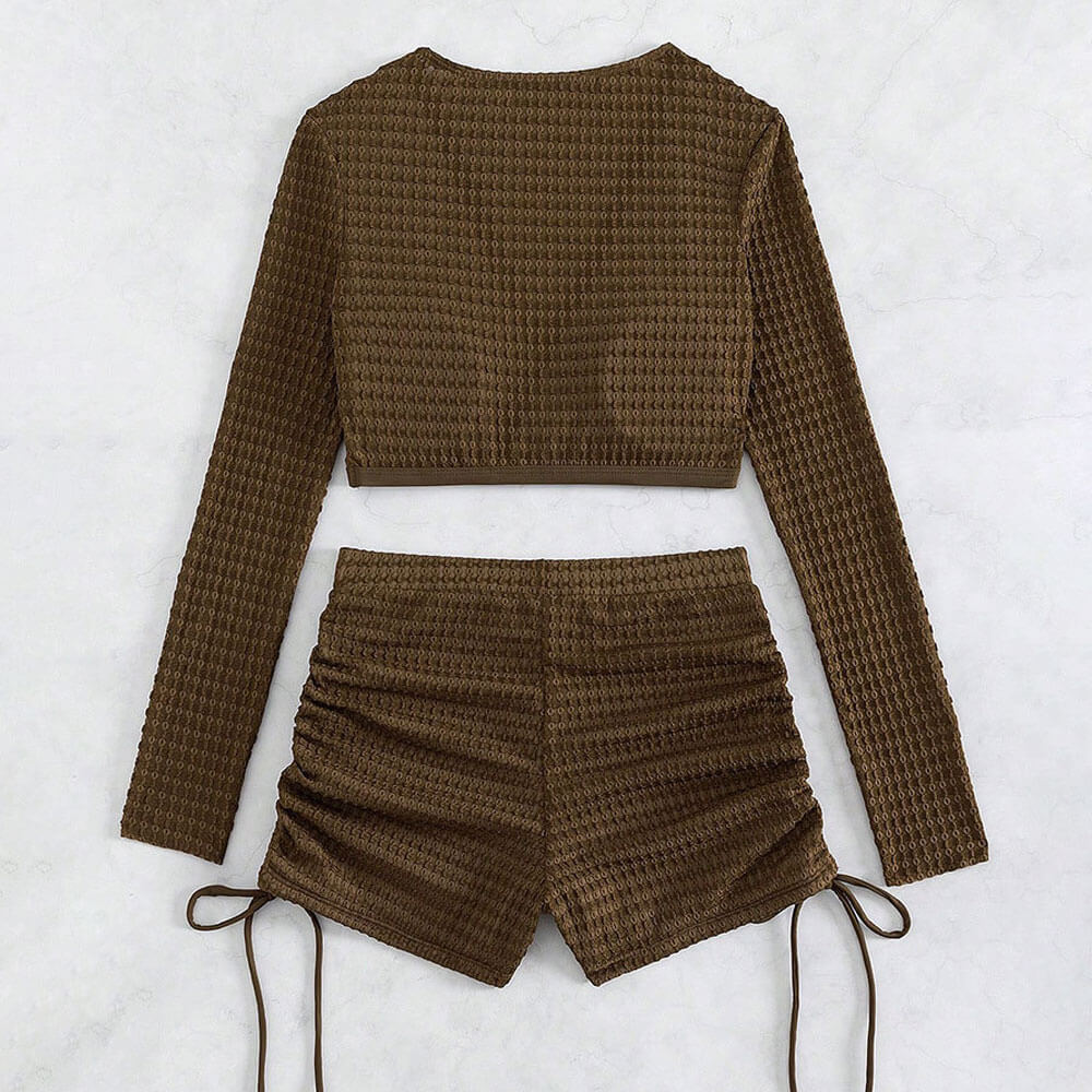 Retro High Rise Boyshort Long Sleeve Crop Textured Brazilian Two Piece Bikini