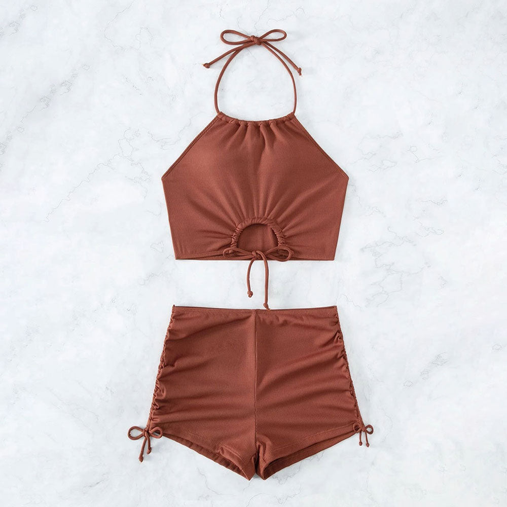Retro Rib Knit Drawstring High Rise Boyshort Crop Brazilian Two Piece Bikini