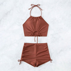 Retro Rib Knit Drawstring High Rise Boyshort Crop Brazilian Two Piece Bikini