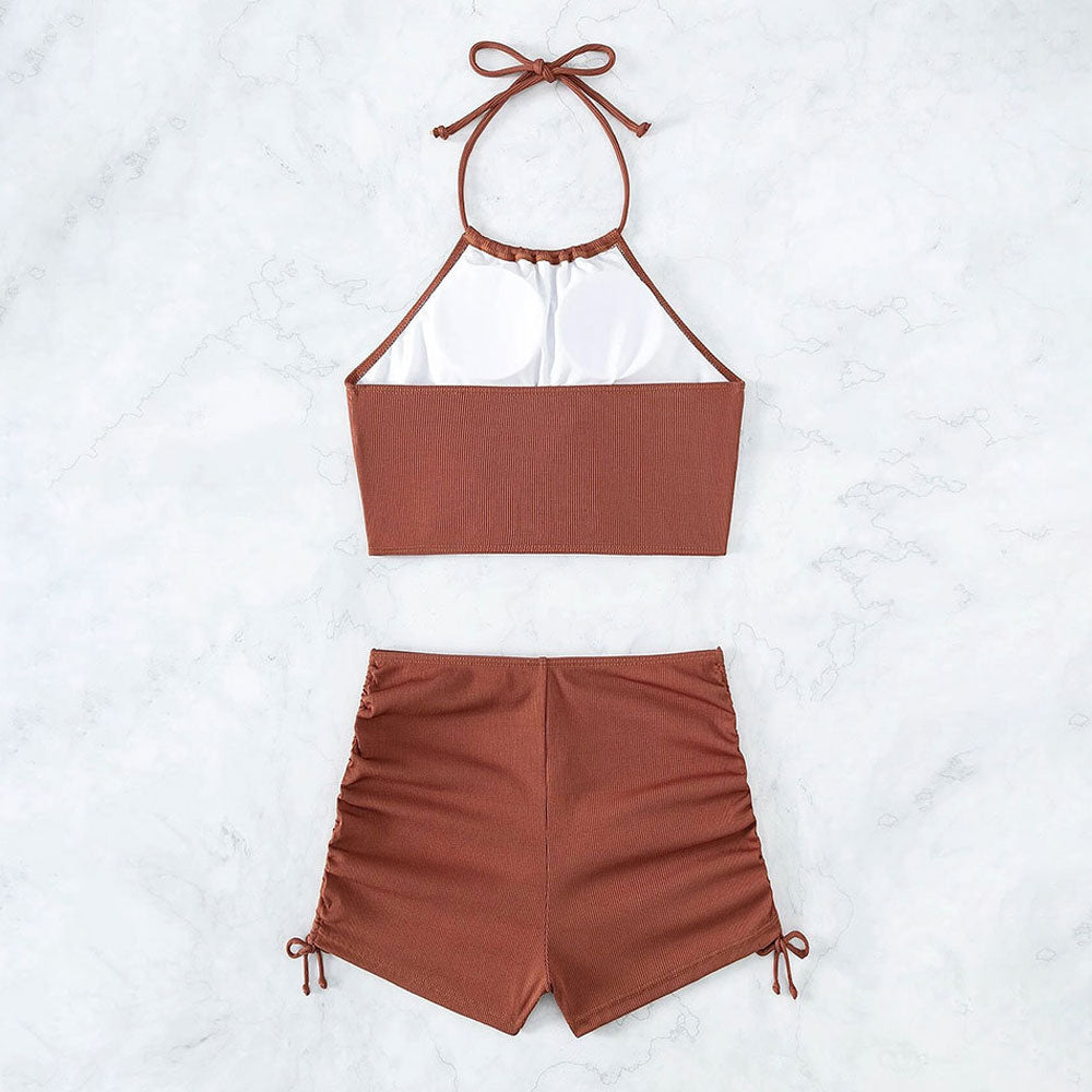 Retro Rib Knit Drawstring High Rise Boyshort Crop Brazilian Two Piece Bikini