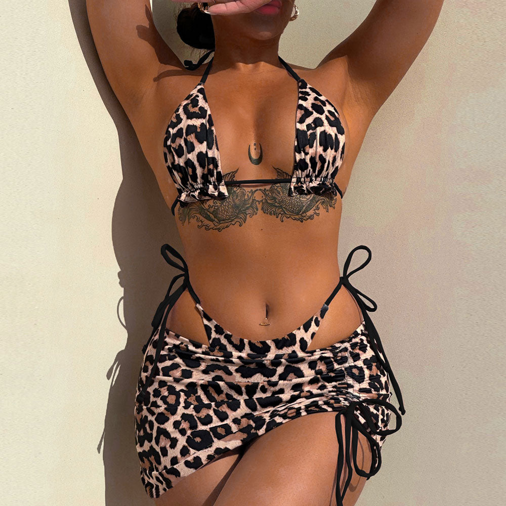 Reversible Leopard Print Ruffle Micro Triangle Brazilian Three Piece Bikini