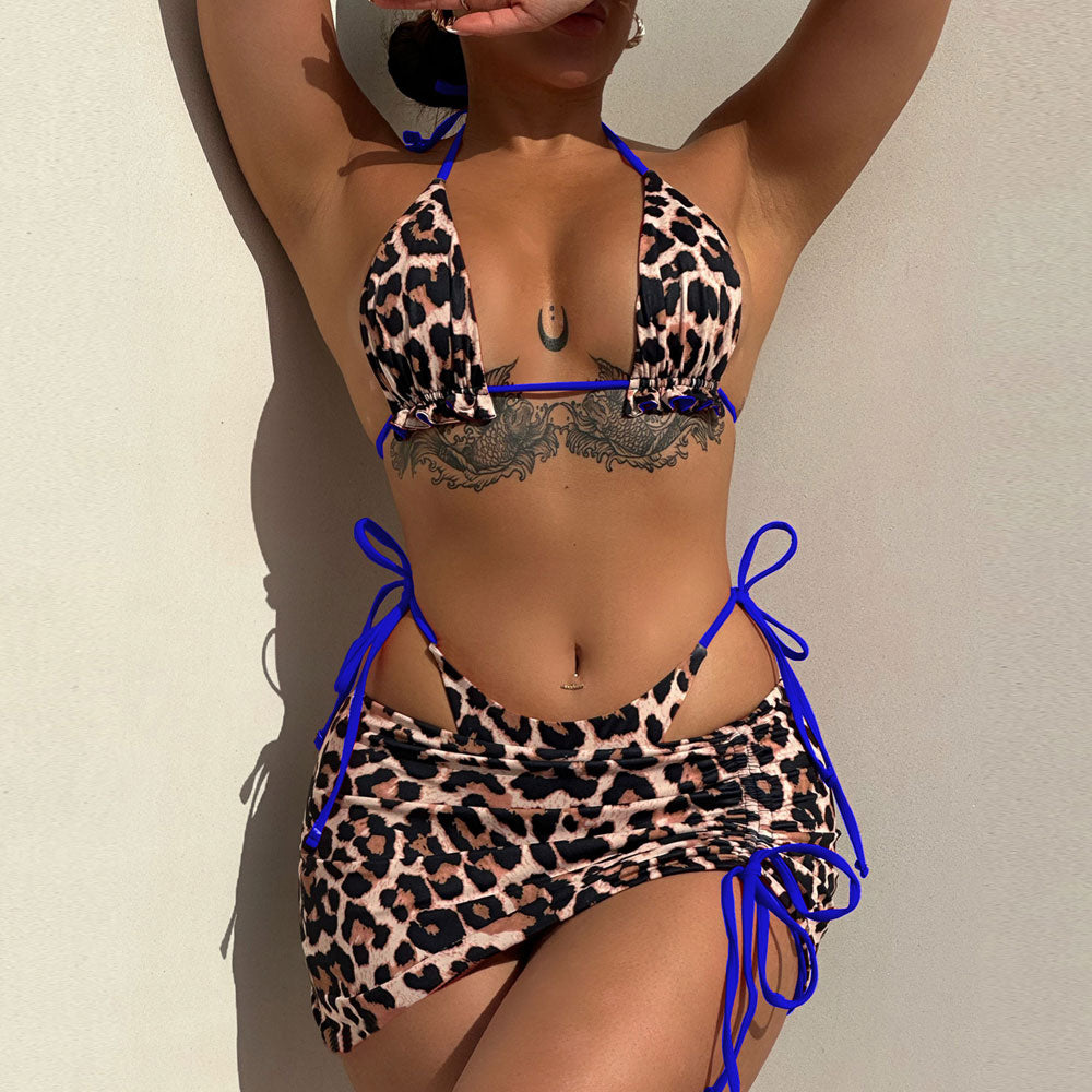 Reversible Leopard Print Ruffle Micro Triangle Brazilian Three Piece Bikini