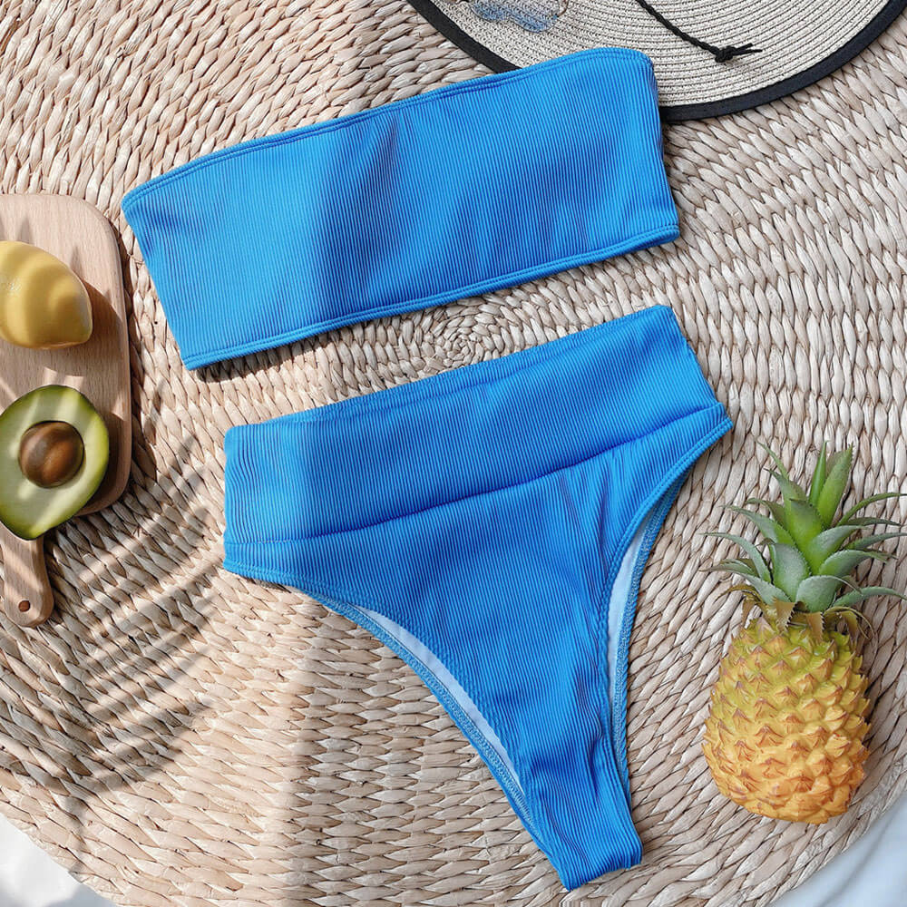 Rib Knit High Waist High Cut Bandeau Brazilian Two Piece Bikini