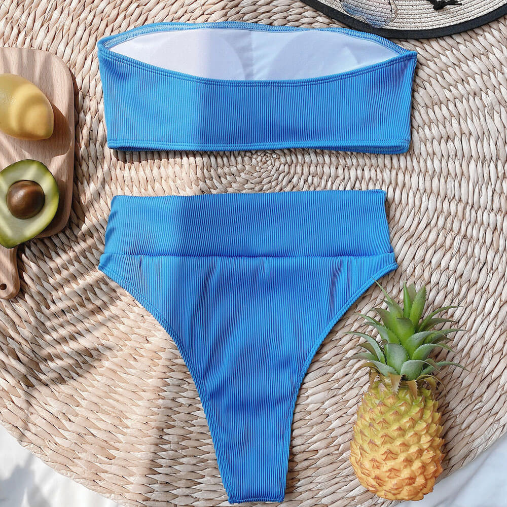 Rib Knit High Waist High Cut Bandeau Brazilian Two Piece Bikini