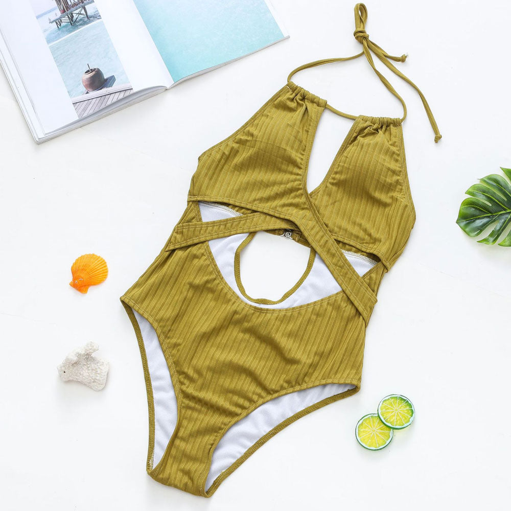 Ribbed Crisscross Cut Out Halter Open Back Brazilian One Piece Swimsuit