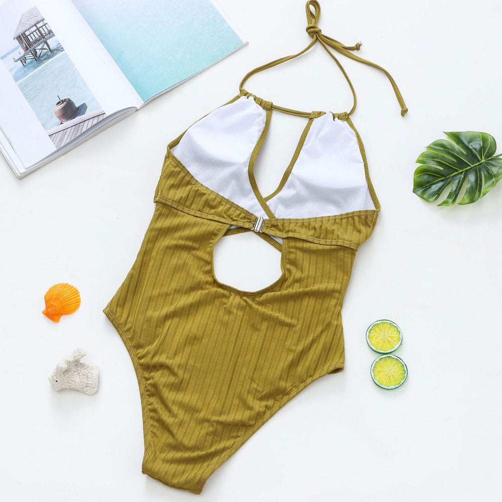 Ribbed Crisscross Cut Out Halter Open Back Brazilian One Piece Swimsuit