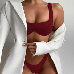 Ribbed High Cut Underwire Bralette Brazilian Two Piece Bikini