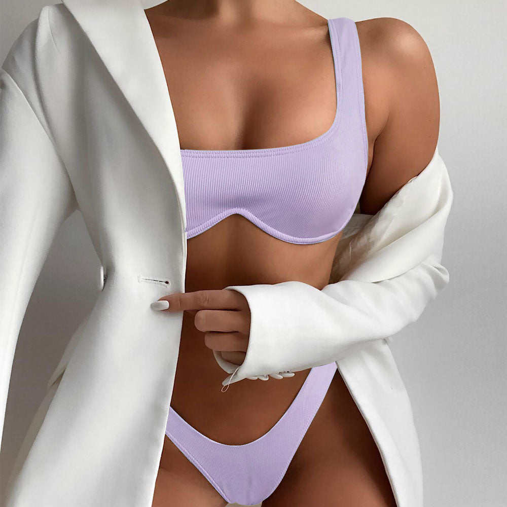 Ribbed High Cut Underwire Bralette Brazilian Two Piece Bikini