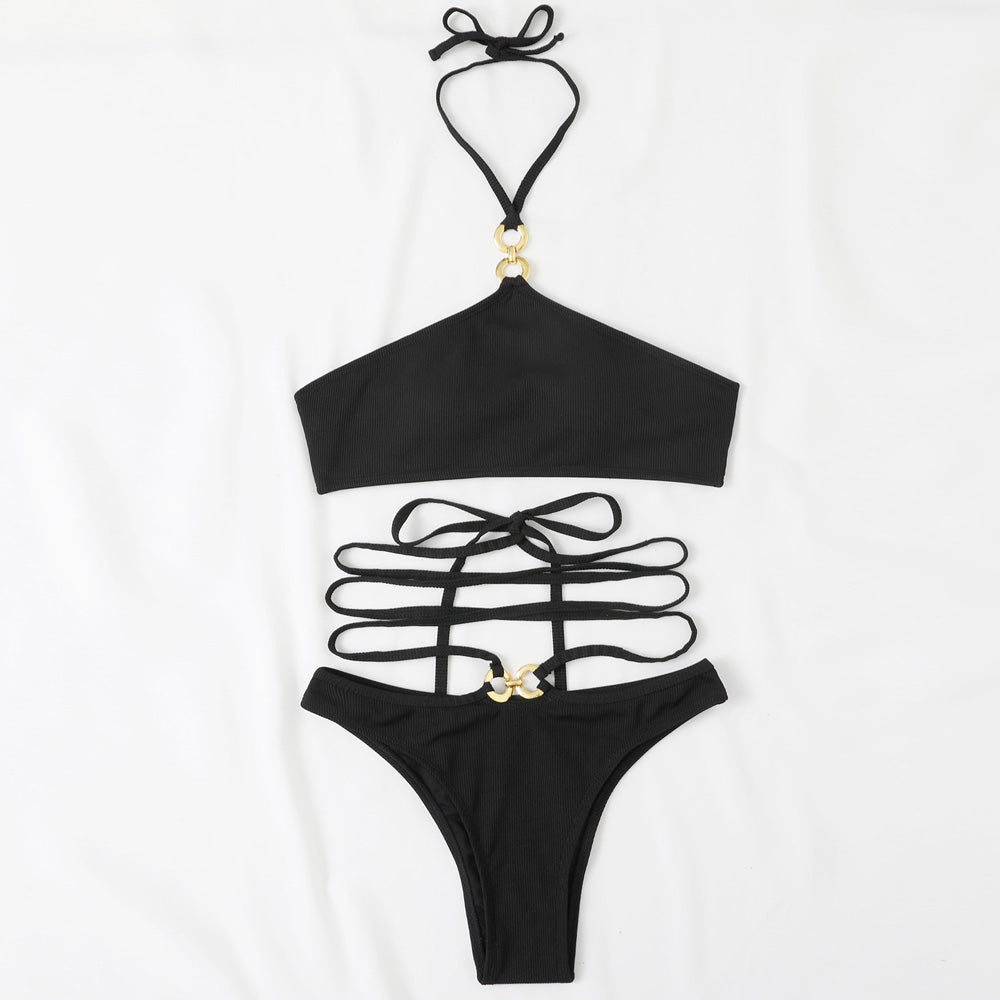 Ribbed O Ring String Wrap Halter Brazilian Two Piece Bikini
