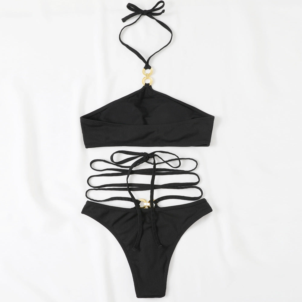 Ribbed O Ring String Wrap Halter Brazilian Two Piece Bikini