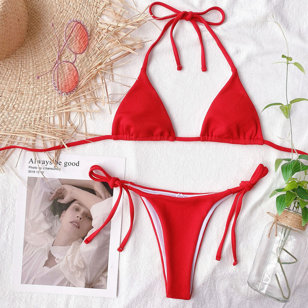 Ribbed Solid Color Tie String Slide Triangle Brazilian Two Piece Bikini