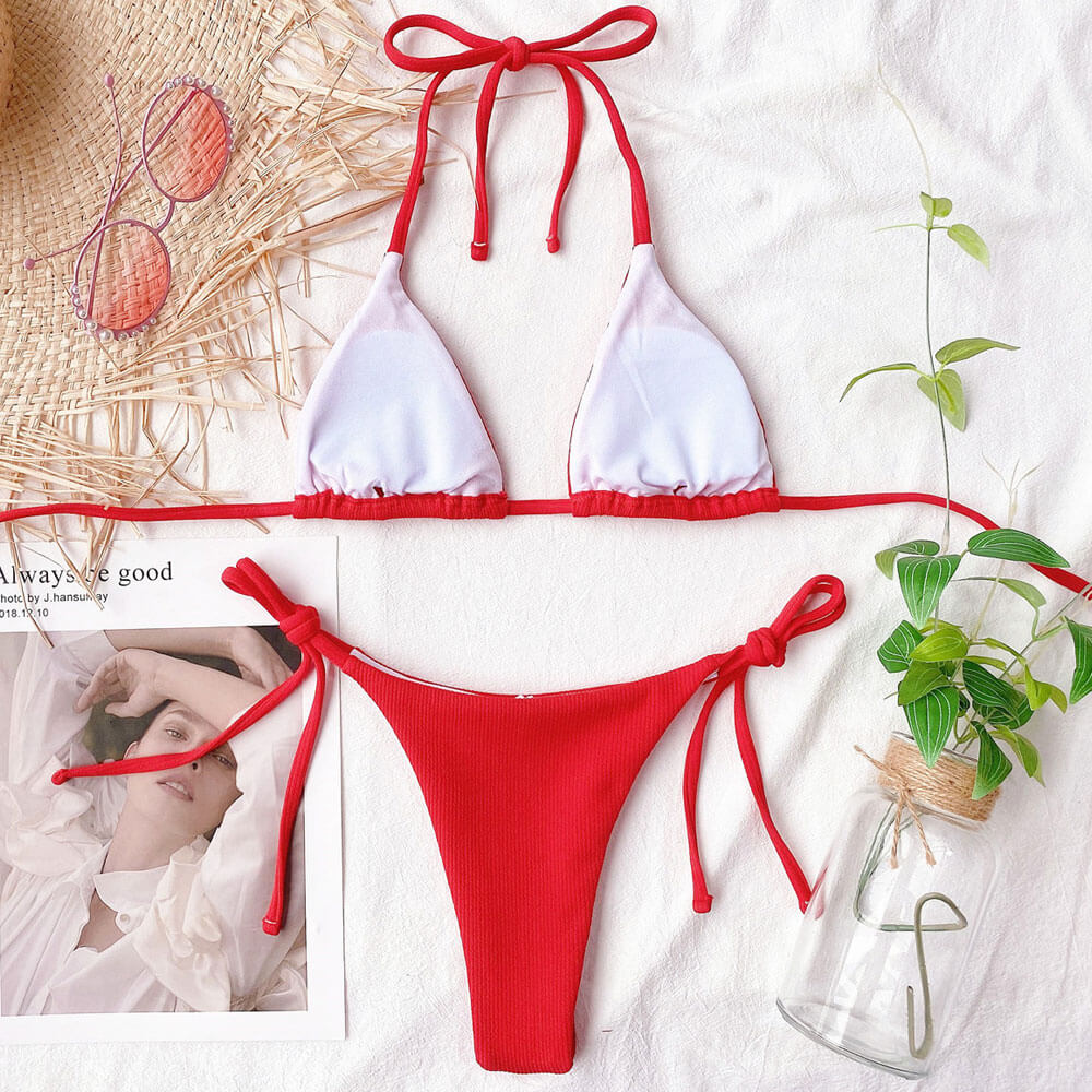 Ribbed Solid Color Tie String Slide Triangle Brazilian Two Piece Bikini
