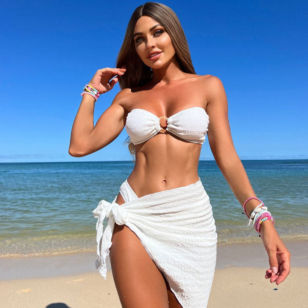 Romantic Textured High Cut Bandeau O Ring Brazilian Three Piece Bikini