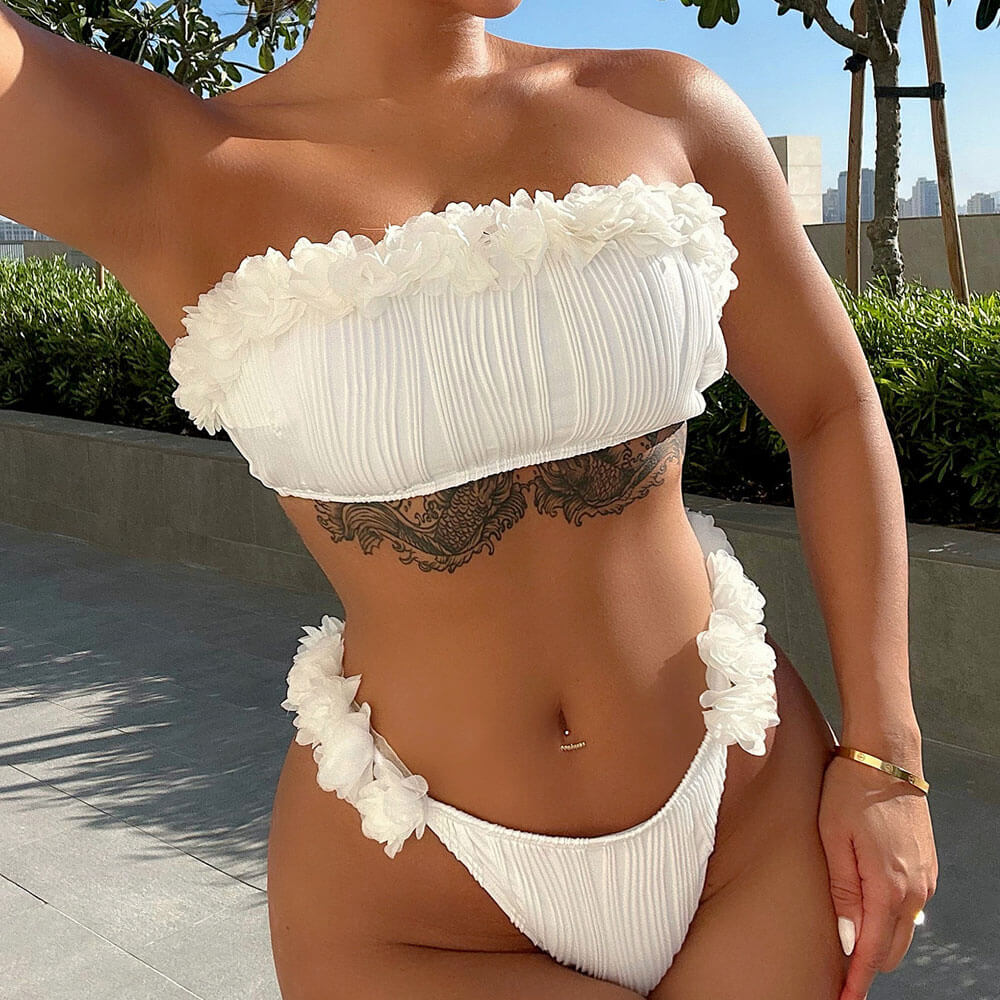 Rosette High Leg Cheeky Textured Bandeau Brazilian Two Piece Bikini