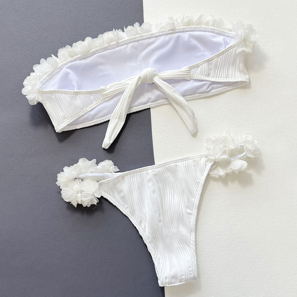 Rosette High Leg Cheeky Textured Bandeau Brazilian Two Piece Bikini