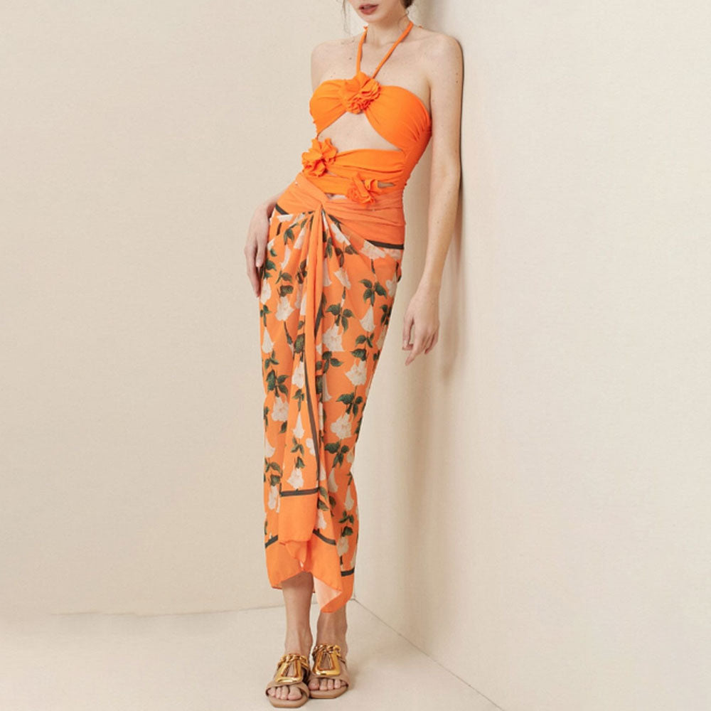 3D Flower Applique Moderate Cutout Ruched Halter Brazilian One Piece Swimsuit