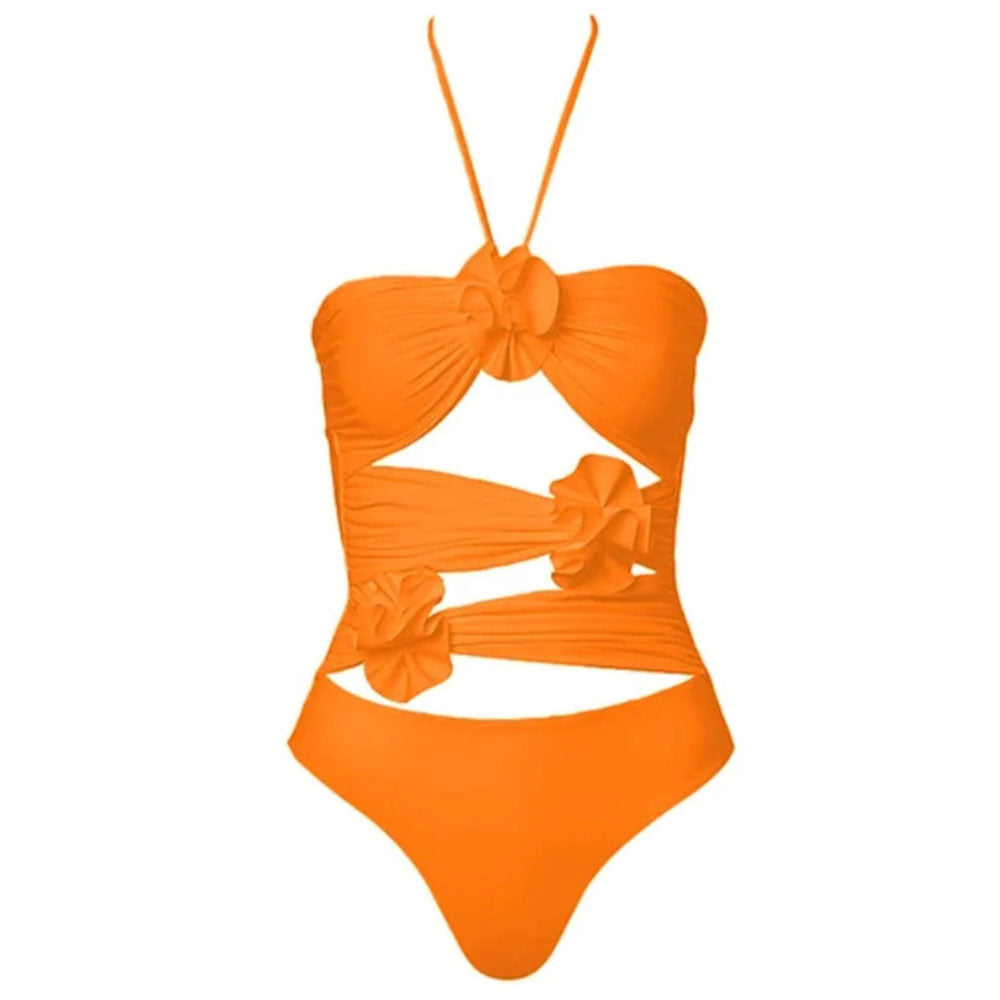 3D Flower Applique Moderate Cutout Ruched Halter Brazilian One Piece Swimsuit