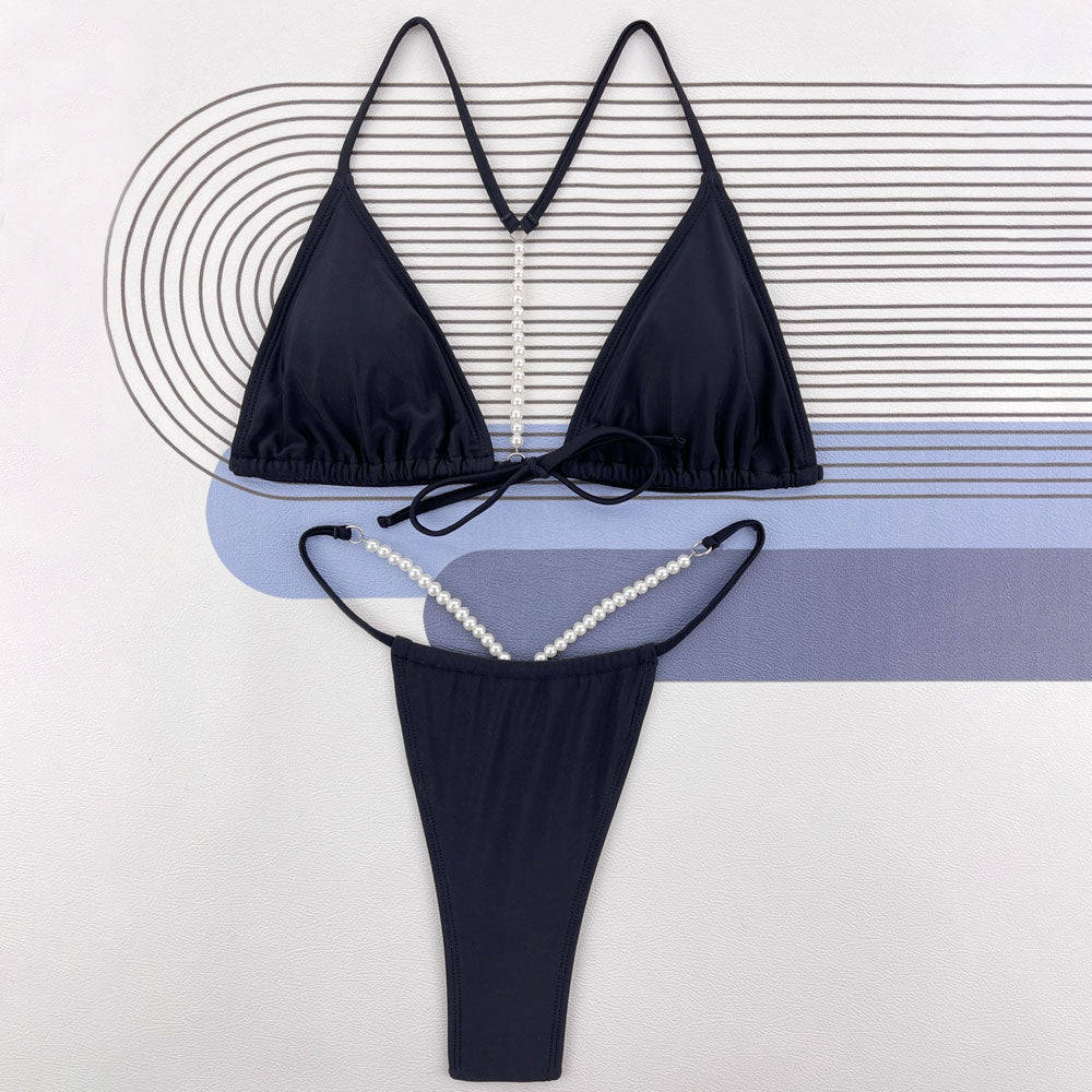 Beaded String Thong Tie Front Triangle Brazilian Two Piece Bikini