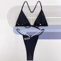 Beaded String Thong Tie Front Triangle Brazilian Two Piece Bikini