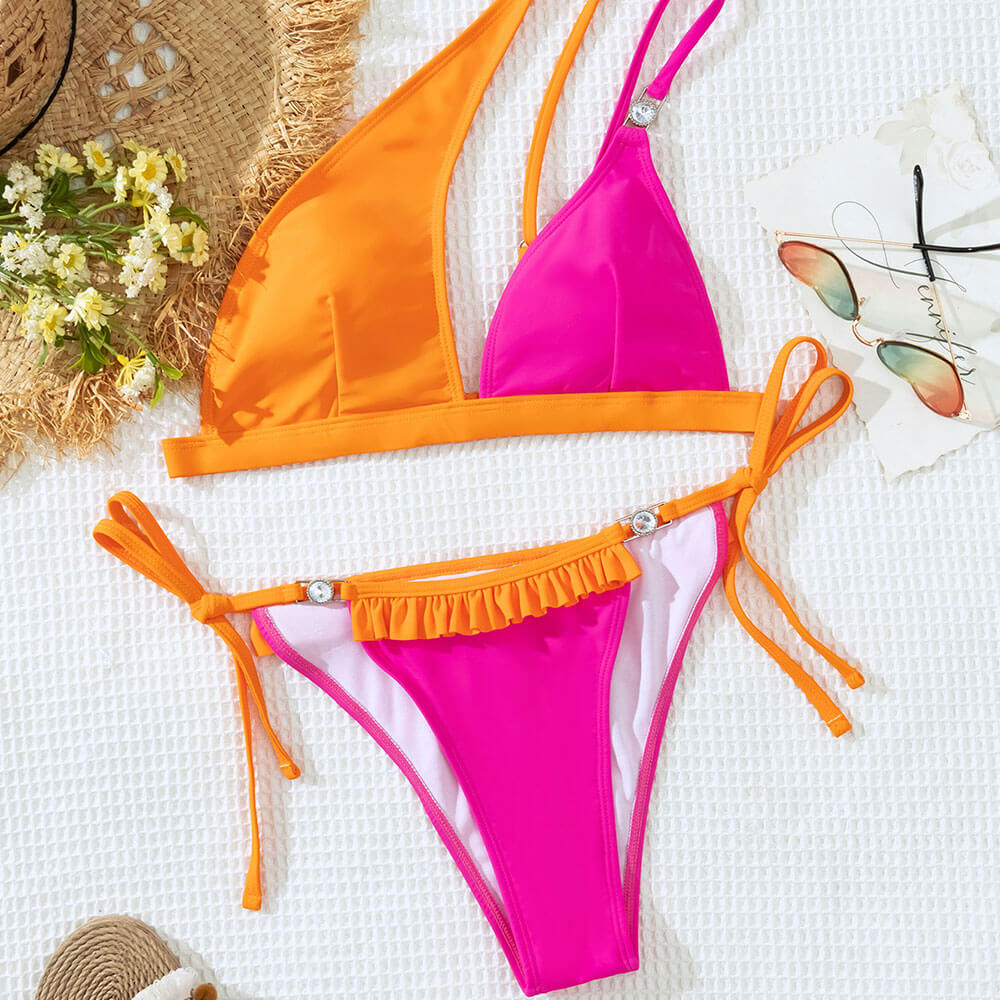 Bicolor Tie String Ruffle One Shoulder Brazilian Two Piece Bikini