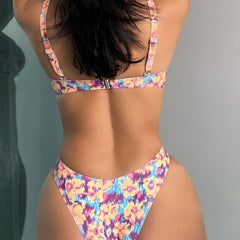 Blurry Floral Print High Cut Cheeky Underwire Brazilian Two Piece Bikini